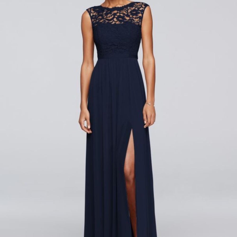 David's Bridal Lace Bodice Bridesmaid Dress - Marine Blue